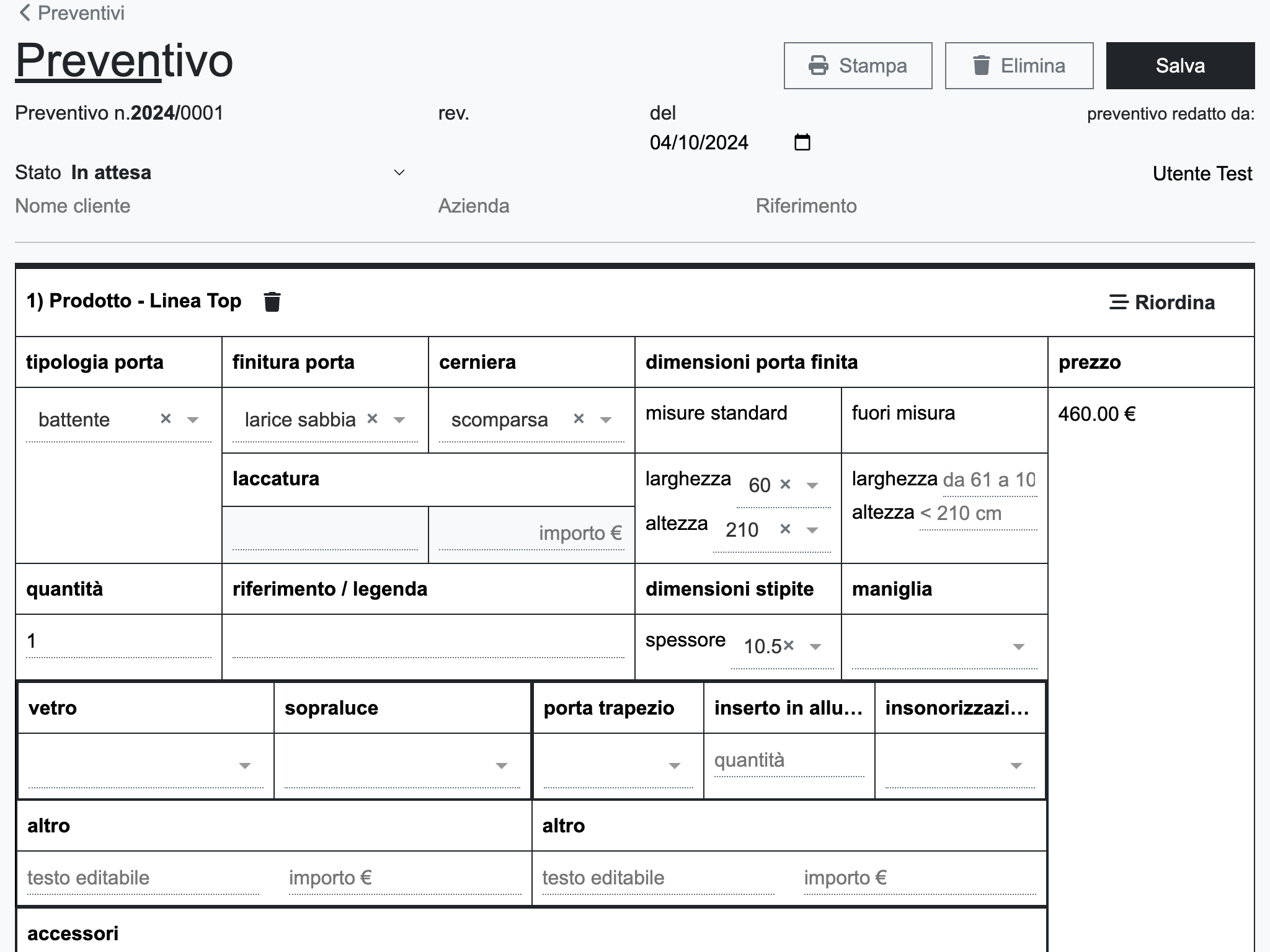 Apllicazione preventivi Gruccia Design, homepage configuratore serramenti